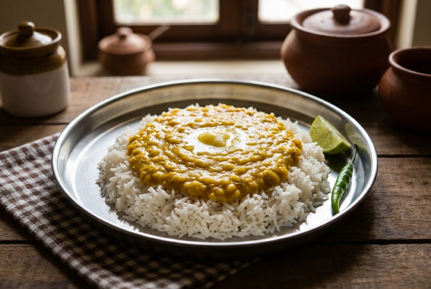 A plate of dal and steamed rice with ghee