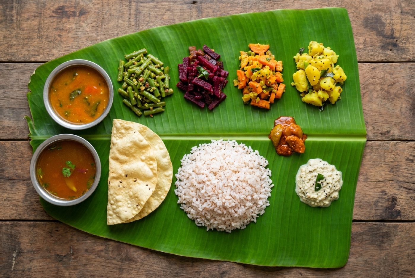 A South Indian meal on a banana leaf