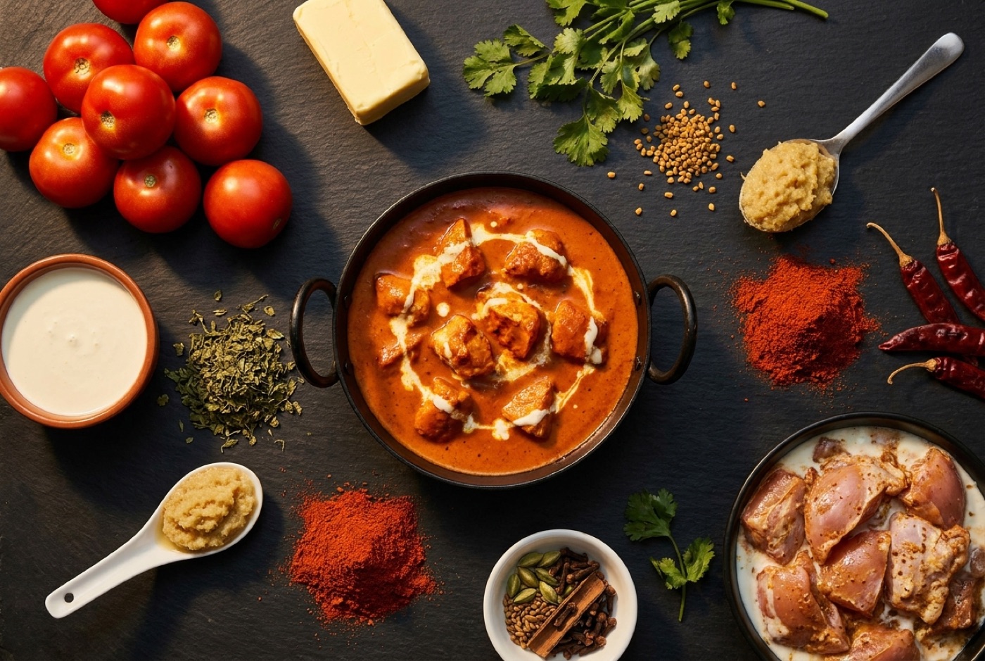 Butter chicken surrounded by its deconstructed ingredients