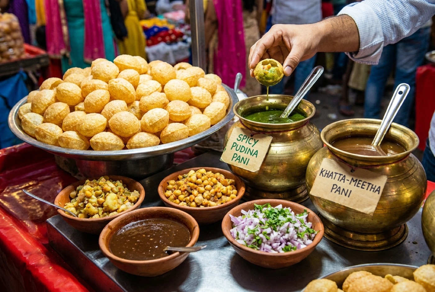 Pani puri with two pots of flavoured water