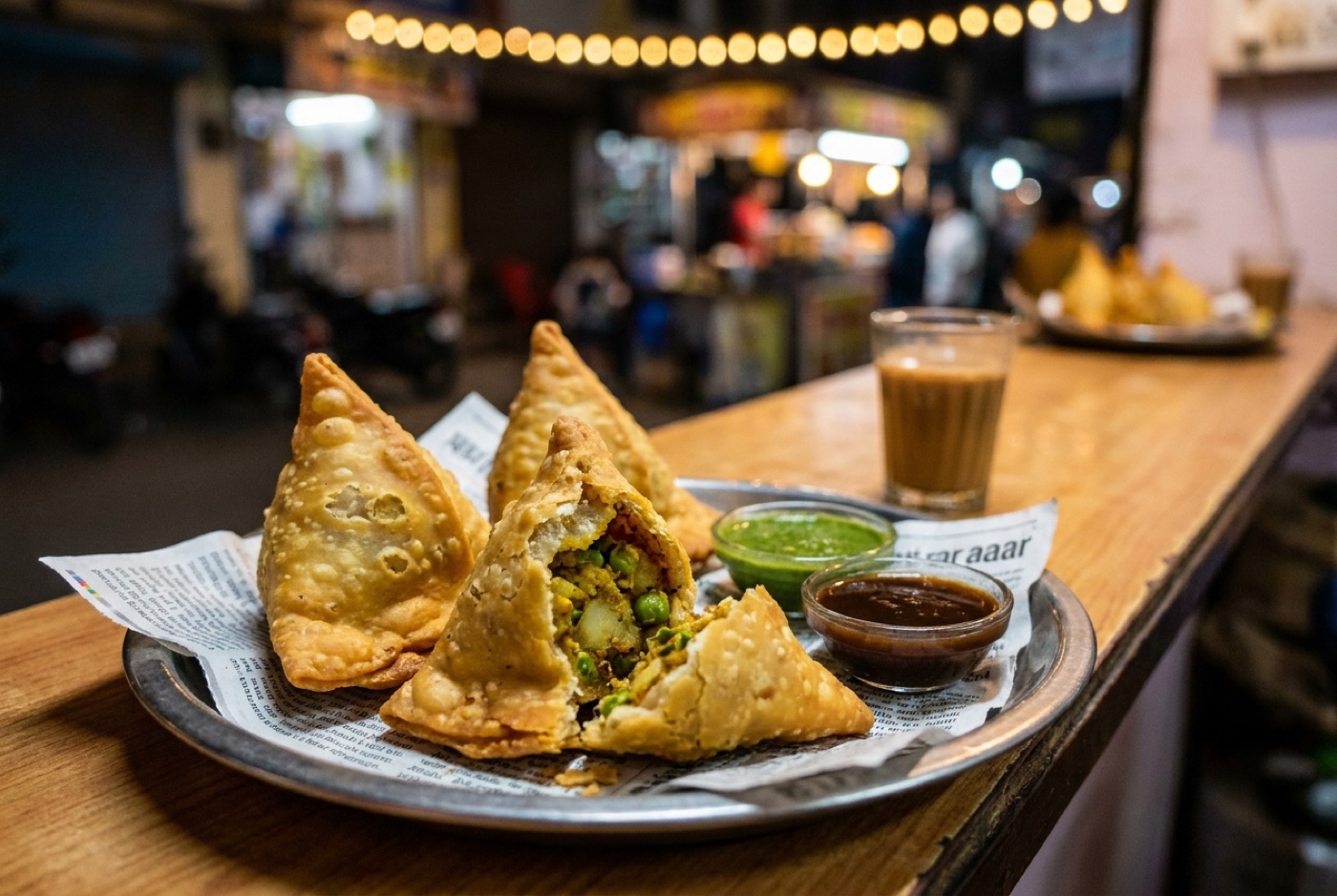 Golden samosas with chutneys