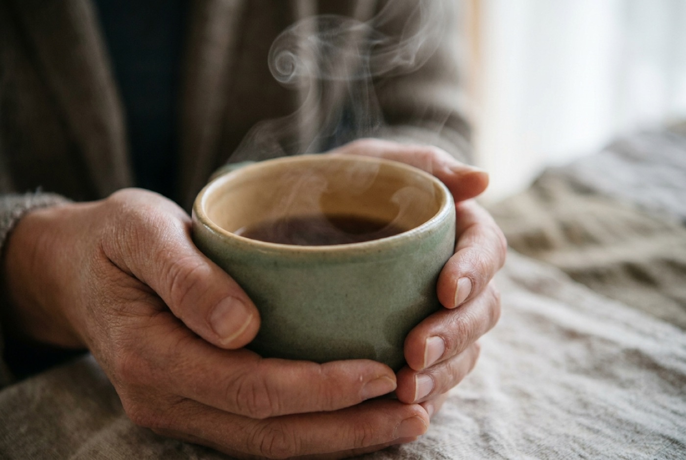 Two hands holding a warm cup of tea, steam rising