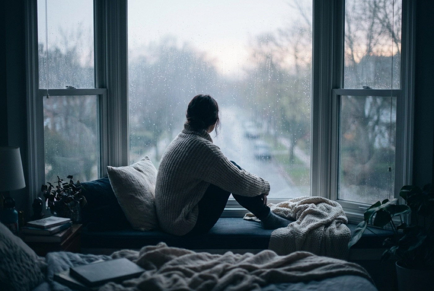 A person sitting quietly by a window in soft morning light