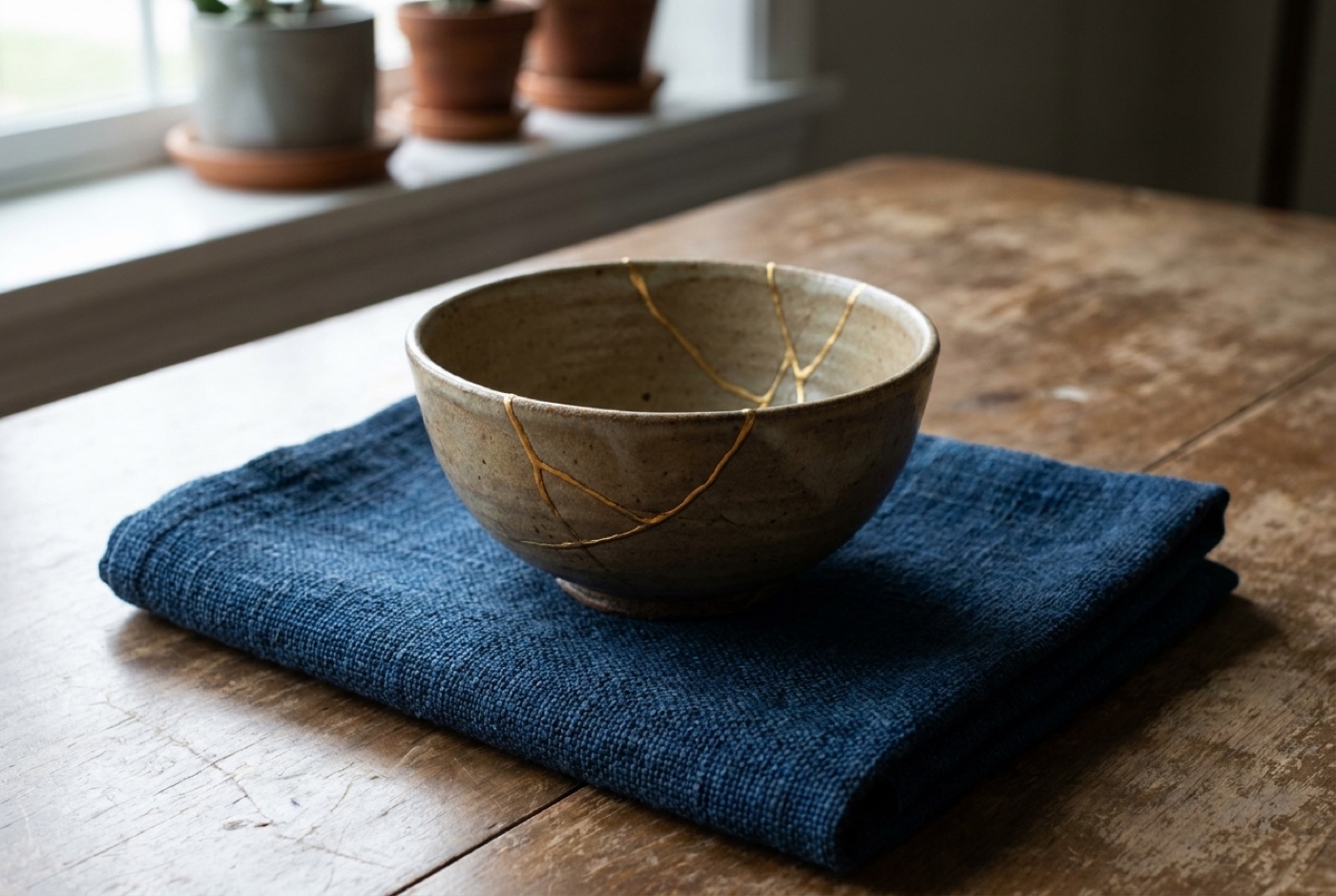 A kintsugi-repaired ceramic bowl with gold seams along its mended cracks, resting on indigo cloth