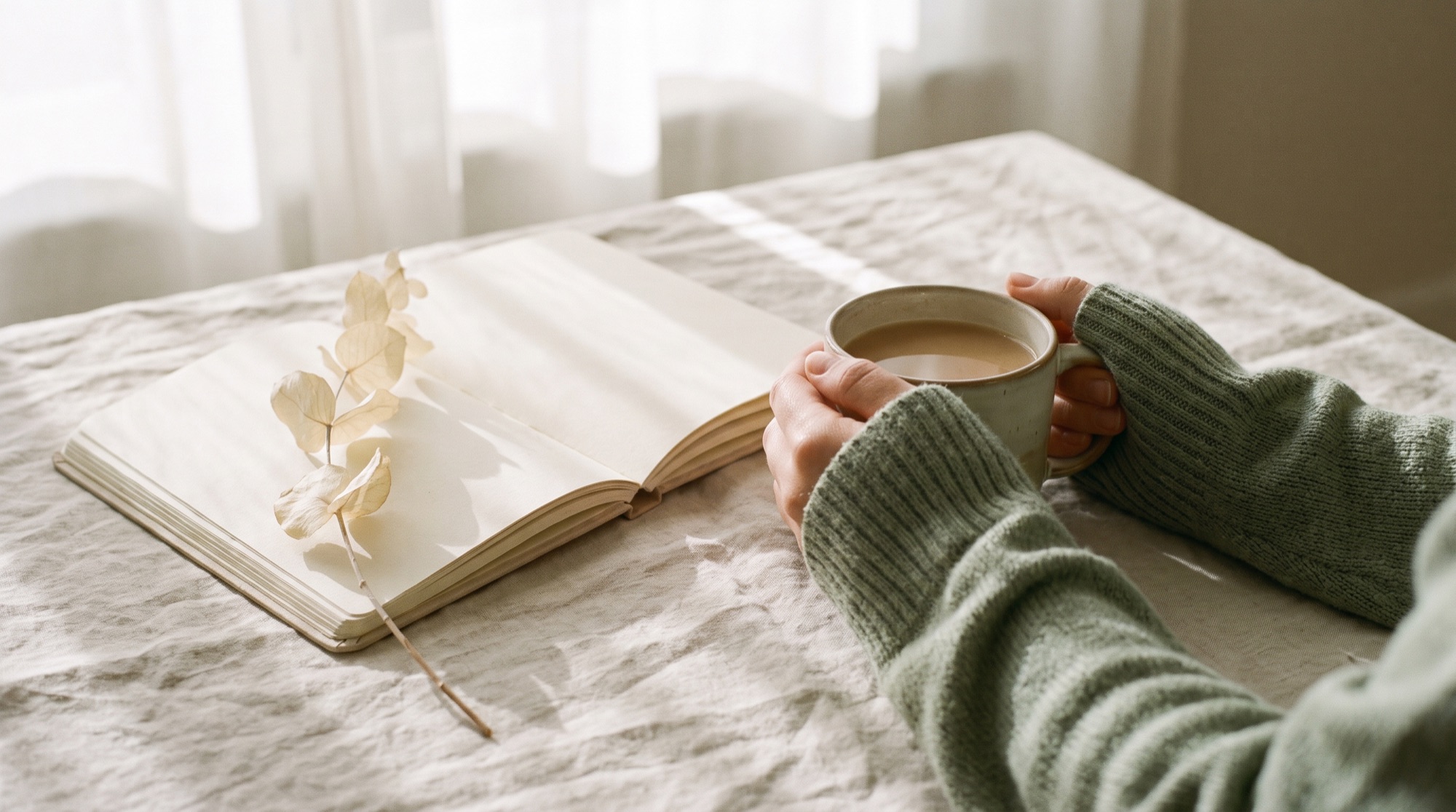 Hands cradling a warm cup beside an open journal